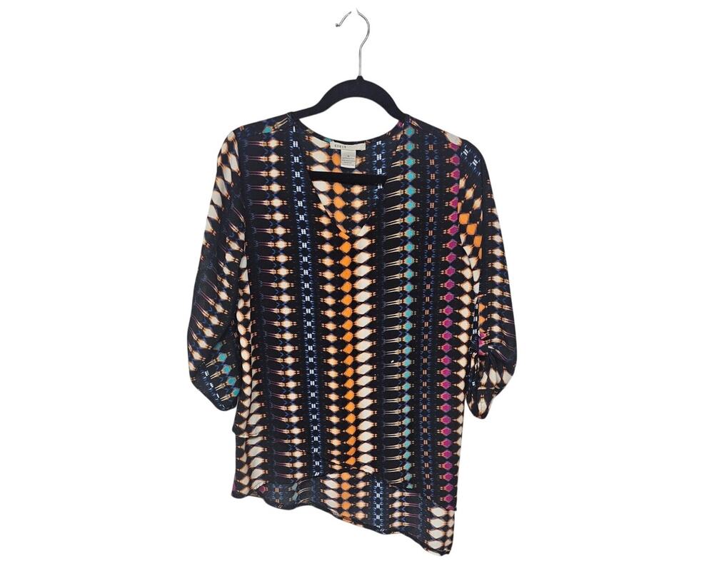 Kikit Blouse Womens Small Geometric V-Neck Roll Tab Sleeve Colorful Tunic Artsy
